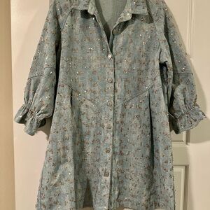 Blue Denim Button-Up Jacket with Sequin Details